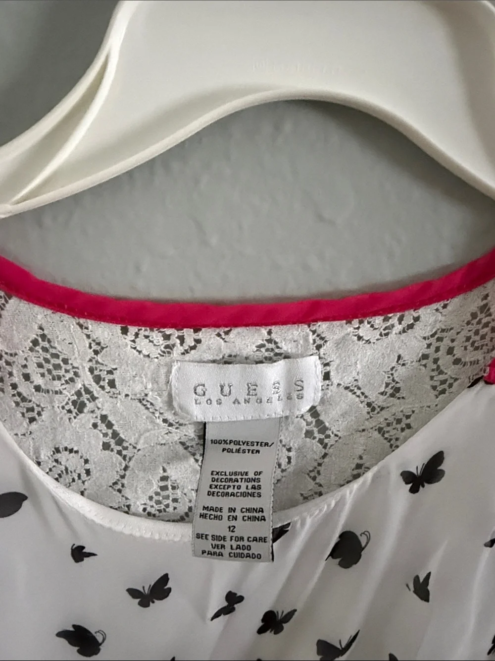 Guess White Butterfly High-Low Dress with Pink Trim
